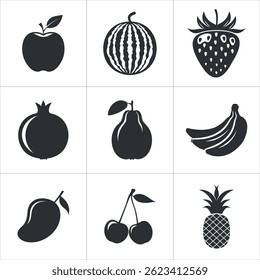 A set of solid  fruit icons. Silhouette Fruit Icons include apple, watermelon, strawberry,
pomegranate, pear, banana, mango, cherries, and pineapple. Simple, flat design.