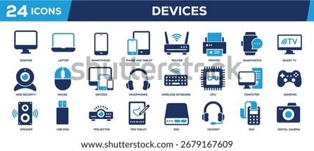 Set of solid glyph icons related device, equipment, technology. Color solid icons. Perfect pixel on transparent background