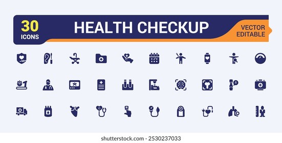 Conjunto de ícones sólidos de verificação de integridade. Incluindo verificação de integridade, relatório, verificação de temperatura, sintomas e mais coleção de ícones. Pacote de símbolos preenchido editável. Vetor plano perfeito de pixel.