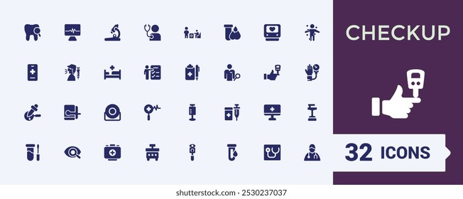 Conjunto de iconos sólidos de chequeo de salud. Incluyendo chequeo de salud, informe, control de temperatura, síntomas y más colección de íconos. Paquete de símbolos rellenos editables. Pixel perfecto Vector plano.