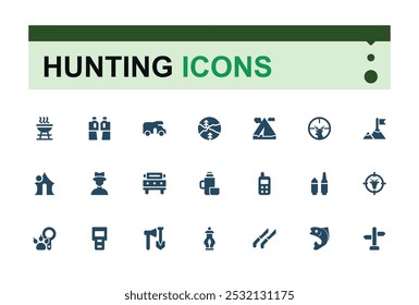 Set von soliden Jagd-Icons. Verbunden mit Abenteuer, Jäger, Tierwelt und mehr gefüllte Icon-Sammlung. Eitable flache Symbolpaket. Vektorgrafik.