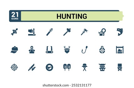 Conjunto de iconos de caza sólidos. Relacionado con la aventura, el cazador, la vida silvestre y la colección de íconos más llena. Paquete de símbolo plano editable. Ilustración vectorial.