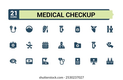 Conjunto de icono sólido como chequeo de salud. Relacionado con Atención médica, Síntomas, Medicina y más colección de iconos. Pixel editable y paquete de iconos planos perfectos. Ilustración vectorial.
