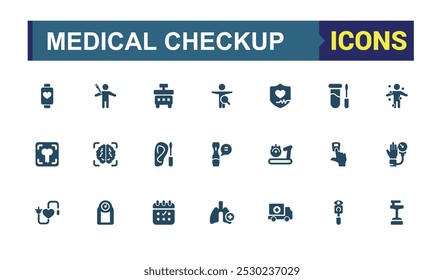 Conjunto de icono sólido como chequeo de salud. Relacionado con Atención médica, Síntomas, Medicina y más colección de iconos. Pixel editable y paquete de iconos planos perfectos. Ilustración vectorial.