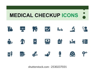 Conjunto de icono sólido como chequeo de salud. Relacionado con Atención médica, Síntomas, Medicina y más colección de iconos. Pixel editable y paquete de iconos planos perfectos. Ilustración vectorial.