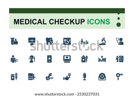 Set of solid icon like Health checkup. Related to Health care, Symptoms, Medicine and more filled icon collection. Editable and Pixel perfect flat icon pack. Vector illustration.