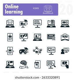 Set of solid icons featuring students using laptops, computers and mobile devices to study online