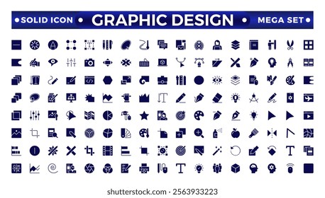 Set of solid icons of graphic design. Simple solid icons in a modern style flat, Creative Process. Graphic design, creative package, stationary, software.Minimal Graphic Design related icon set.
