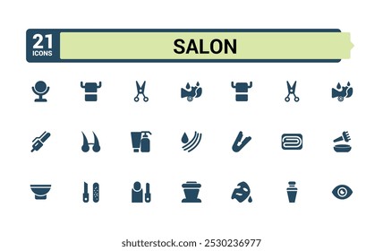 Set of solid icons like salon. Related to Beauty care, haircut, treatment, piercings, spa and more. Filled style icon collection. Editable and pixel perfect icons pack.