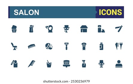 Set of solid icons like salon. Related to Beauty care, haircut, treatment, piercings, spa and more. Filled style icon collection. Editable and pixel perfect icons pack.