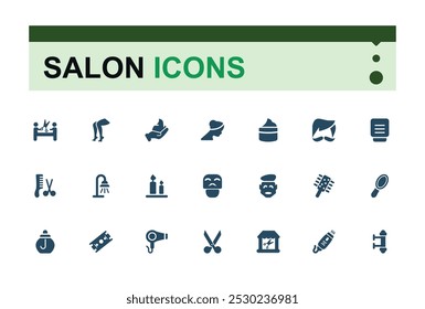 Set of solid icons like salon. Related to Beauty care, haircut, treatment, piercings, spa and more. Filled style icon collection. Editable and pixel perfect icons pack.
