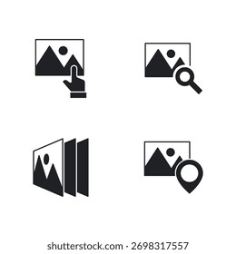 Conjunto de iconos sólidos para la gestión de fotos, búsqueda y seguimiento de ubicación.