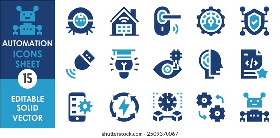 Eine Reihe von durchgezogenen Symbolen, die sich auf die Automatisierung beziehen. Auto, Ausrüstung, Reiniger, Auto, Software, Roboter und so weiter. Ebenflächige Vektorsymbole.