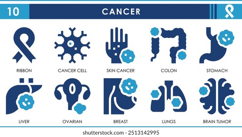 A set of solid icons related to Cancer. Breast, tumor, lungs, liver, skin, and so on. Vector flat icons set.