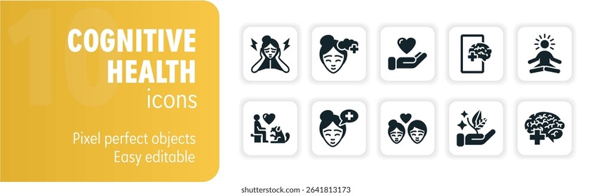 Set of solid icons related to cognitive health, representing concepts like mindfulness, psychology, and mental wellbeing