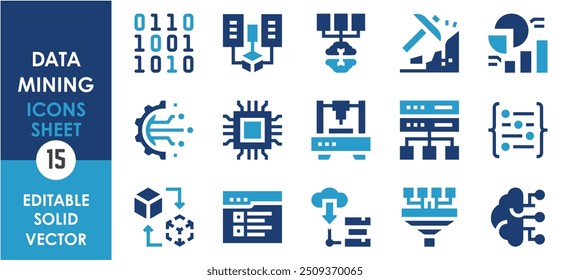 Um conjunto de ícones sólidos relacionados à Data Mining. Dados, mineração, modelagem, servidor, codificação, desenvolvimento, processador, análise, engrenagem, funil, cérebro, inteligência e assim por diante. Definição de ícones planos de vetor.