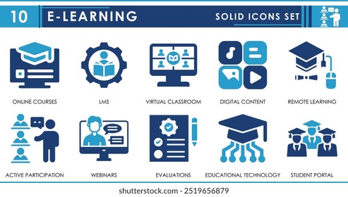 Um conjunto de ícones sólidos relacionados ao E-learning. Internet, aula online, digital, webinar, avaliação, remoto, cursos e assim por diante. Definição de ícones planos de vetor.