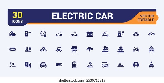 Conjunto de iconos sólidos relacionados con el coche eléctrico. Colección de iconos rellenos para Web y ui. Ilustración vectorial plana editable. Pixel paquete de iconos perfectos.