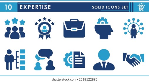 Un conjunto de iconos sólidos relacionados con la experiencia. Experto, experiencia, Cartera, apretón de manos, habilidades, comunicación, etc. Conjunto de iconos planos de Vector.