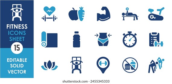 Conjunto de iconos sólidos relacionados con el fitness, el gimnasio. Colección de iconos planos. Ilustración vectorial editable