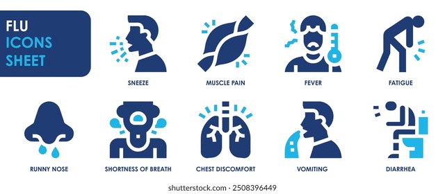 A set of solid icons related to Flu. Influenza, symptoms, fever, fatigue, muscle pain, cough and sneeze, and so on. Vector flat icons set.