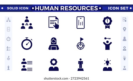 Conjunto de iconos sólidos relacionados con RRHH, Recursos Humanos, Contratación, Empleo, negocios, oficina, empresa y gestión. Colección de iconos sólidos.