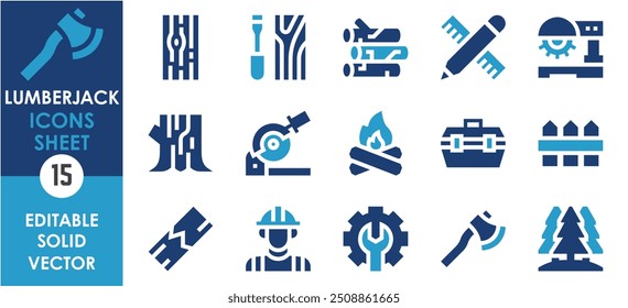 Um conjunto de ícones sólidos relacionados ao Lumberjack. Madeira, tábua, serra, fogo, ferramentas, floresta, machado e assim por diante. Definição de ícones planos de vetor.