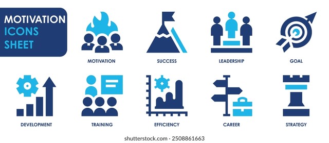 Um conjunto de ícones sólidos relacionados à Motivação. Sucesso, liderança, objetivo, desenvolvimento, treinamento, eficiência, treinamento, estratégia. Definição de ícones planos de vetor.