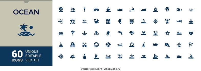 Set of solid icons related to ocean. Sea, ship, cruise, sunset, coral, iceberg, submarine and so on. Filled icon collection, Editable and pixel perfect icons pack.