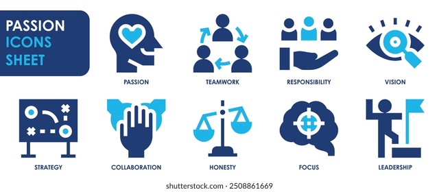 A set of solid icons related to Passion. Passion, teamwork, responsibility, vision, strategy, collaboration, honesty, focus, and leadership. Vector flat icons set.