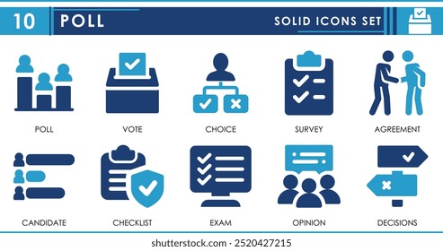Um conjunto de ícones sólidos relacionados à pesquisa. Vote, candidato, opções, pesquisa, acordo, decisão e assim por diante. Definição de ícones planos de vetor.