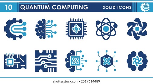 Um conjunto de ícones sólidos relacionados à Computação Quântica. Microchips, inteligentes, quânticos, físicos, leves, avançados, super, motherboards e assim por diante. Definição de ícones planos de vetor.