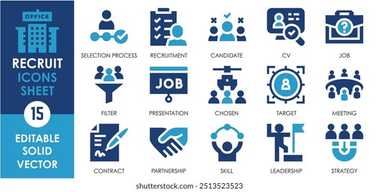 A set of solid icons related to Recruit. Job, strategy, CV, selection, vacancy, filter, chosen, partner, Leadership, and so on. Vector flat icons set.