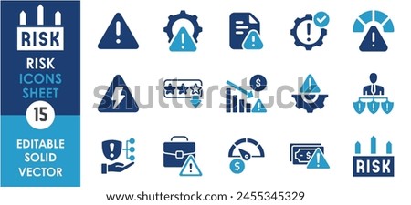 Set of solid icons related to risk, warning, alarm. Flat icon collection. Editable Vector illustration