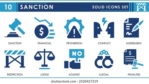 Um conjunto de ícones sólidos relacionados à Sanção. Financeiro, conflito, acordo, restrição, punição, etc. Definição de ícones planos de vetor.