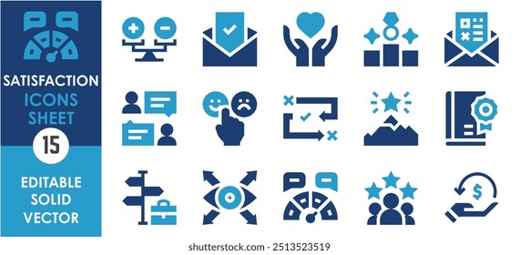 Um conjunto de ícones sólidos relacionados a Satisfied. Cliente, cliente, feedback, conseguir, maneira, prêmio, mensagem, visão, trabalho, dinheiro de volta e assim por diante. Definição de ícones planos de vetor.