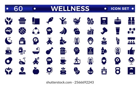 Set of solid icons related to wellness, wellbeing, mental health, healthcare, cosmetics, spa, medical, massage, yoga, spa, relaxation,  exercise, diet,. Solid icon collection. Wellness icon set. 

