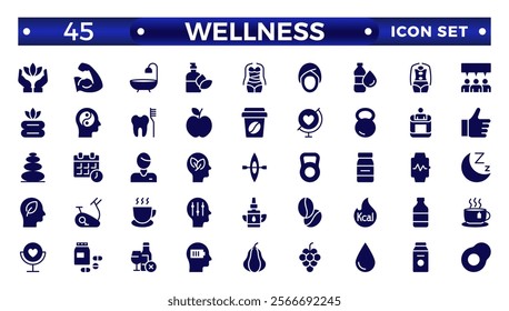 Set of solid icons related to wellness, wellbeing, mental health, healthcare, cosmetics, spa, medical, massage, yoga, spa, relaxation,  exercise, diet,. Solid icon collection. Wellness icon set. 
