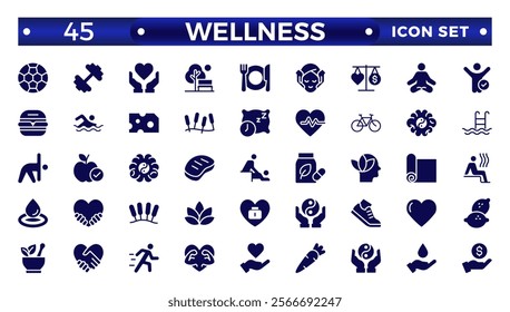 Set of solid icons related to wellness, wellbeing, mental health, healthcare, cosmetics, spa, medical, massage, yoga, spa, relaxation,  exercise, diet,. Solid icon collection. Wellness icon set. 
