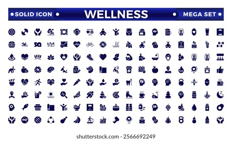 Set of solid icons related to wellness, wellbeing, mental health, healthcare, cosmetics, spa, medical, massage, yoga, spa, relaxation,  exercise, diet,. Solid icon collection. Wellness icon set. 
