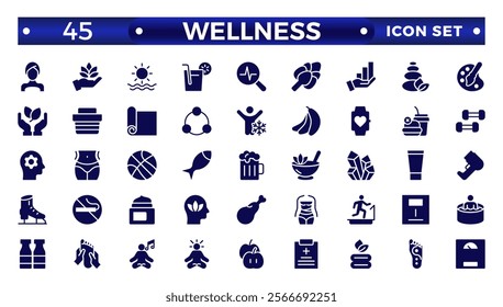 Set of solid icons related to wellness, wellbeing, mental health, healthcare, cosmetics, spa, medical, massage, yoga, spa, relaxation,  exercise, diet,. Solid icon collection. Wellness icon set. 
