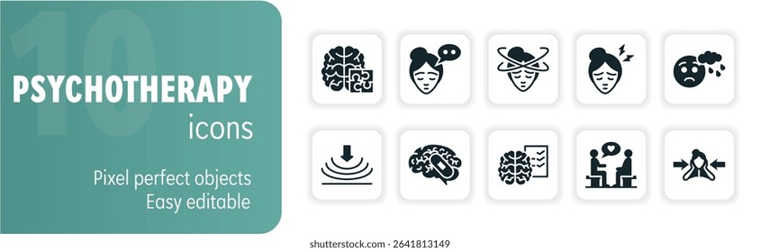 Set of solid icons representing various aspects of psychotherapy, including therapy sessions, mental health conditions and patient care