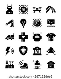 Conjunto de iconos sólidos que representan diversos aspectos de la inteligencia artificial, destacando su impacto en diversos sectores