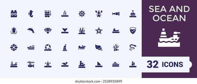 Set of solid icons of sea and Ocean, Containing marine vehicles, waves, Beach, editable and pixel perfect filled icon collection.