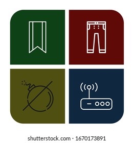 Set of solid icons. Such as Bookmark, Jeans, No bomb, Router , solid icons