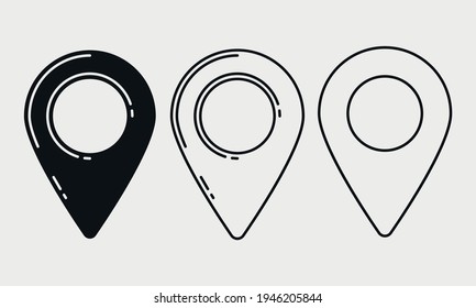Set of solid and line pinpoints black and white vector icon isolated on white background.