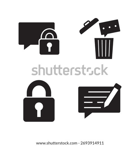 A set of solid minimalist icons for managing secure content, including lock, trash or delete, chat bubbles, and the pencil icon for editing messages.