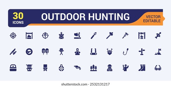 Conjunto de iconos sólidos de caza al aire libre. Relacionado con la aventura, el cazador, la vida silvestre, el cuchillo y la colección de iconos más rellenos. Paquete de símbolo plano editable. Ilustración vectorial.