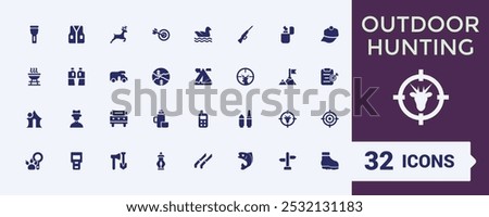 Set of solid outdoor hunting icons. Related to adventure, hunter, wildlife, knife and more filled icon collection. Eitable flat symbol pack. Vector illustration.