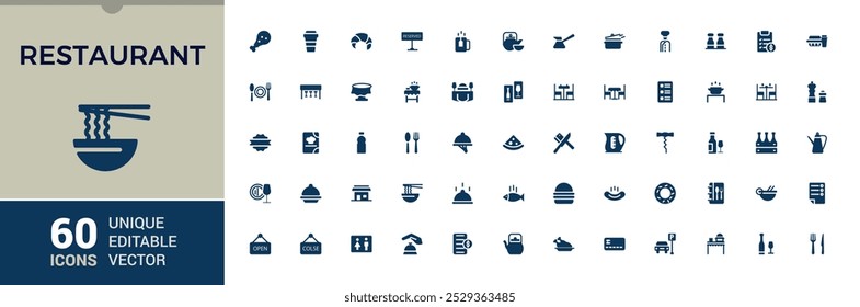 Conjunto de iconos planos sólidos del restaurante. Relacionado con cocina, menú, comida rápida y cena. Paquete de símbolos rellenos editables. Píxel perfecto. Ilustración vectorial.